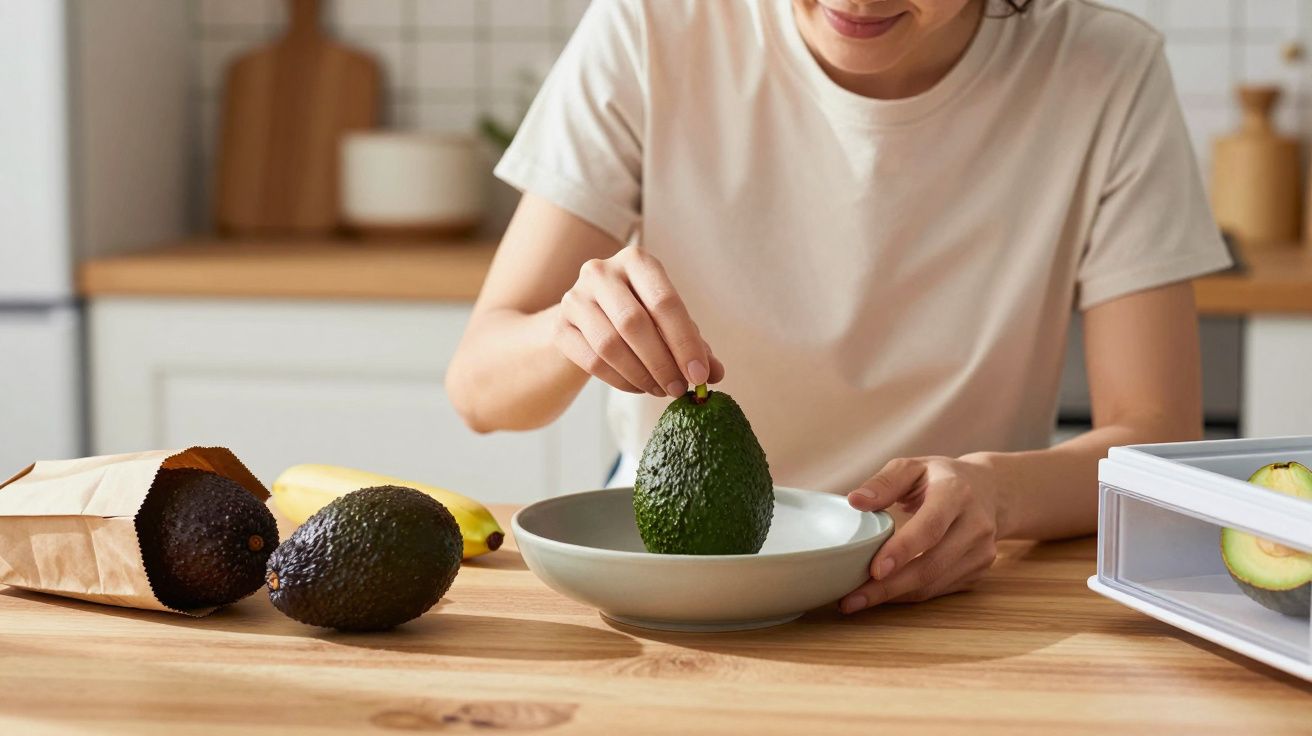 Person placing an avocado in a bowl, with two avocados and a banana on a wooden counter in a kitchen.