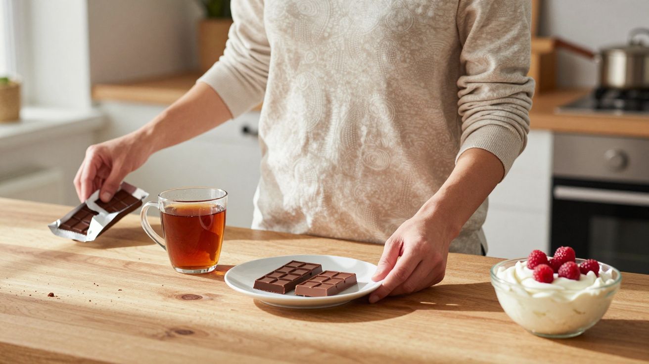 Person in kitchen placing chocolate on plate next to a cup of tea and a bowl of yoghurt with raspberries.