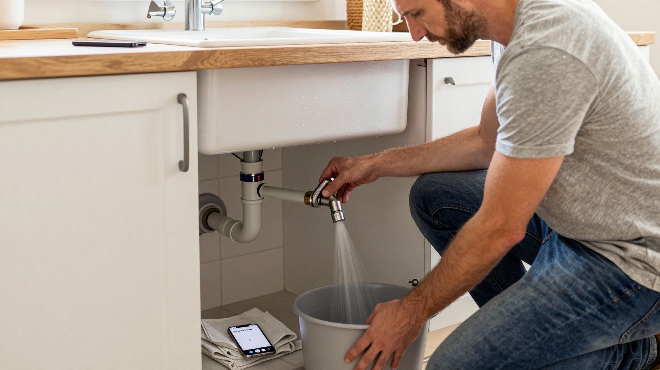 Man checking a pipe under sink, using smartphone placed on towel nearby, collecting water in a bucket.