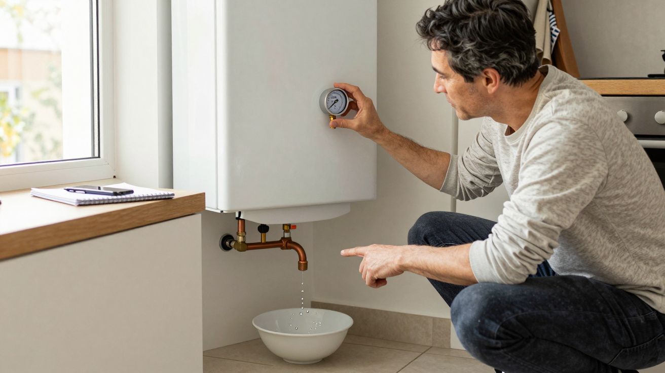Man adjusts boiler controls with a bowl catching drip below, in a kitchen setting.