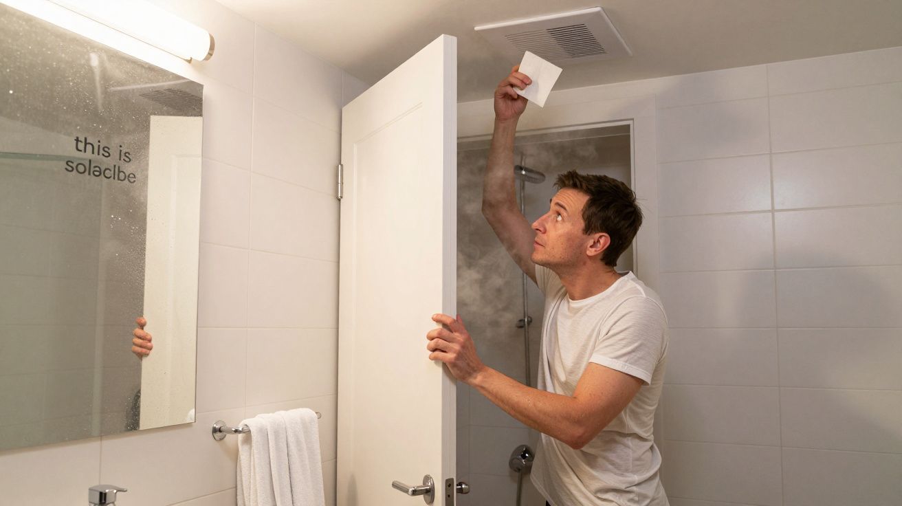 Man testing bathroom ventilation with paper under a steamy vent.