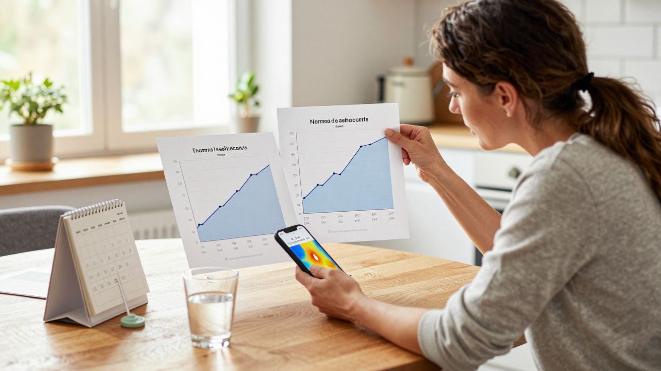 Woman reviewing line graphs at a table, holding a smartphone, with a calendar and glass of water nearby.