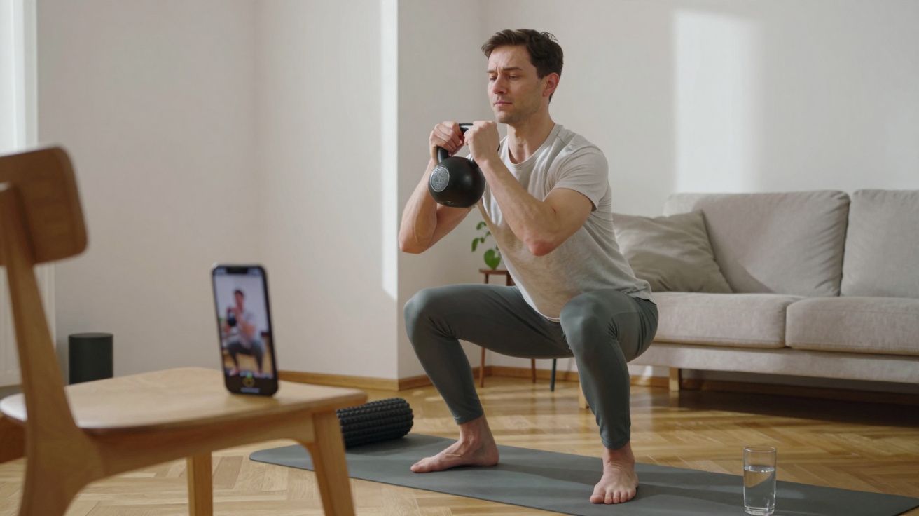 Man exercising at home with a kettlebell, squatting on a yoga mat, while following a video on his phone.