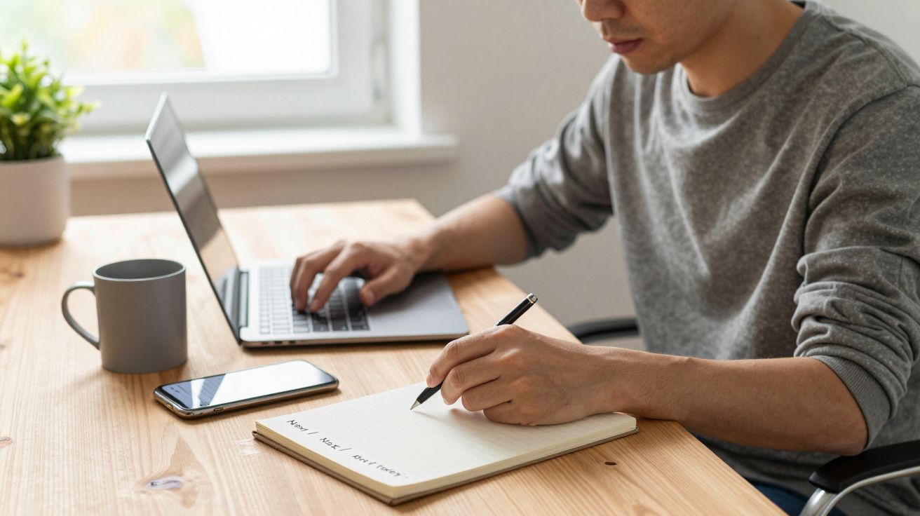 Person writing in a notebook beside a laptop, smartphone, and mug on a wooden desk near a window.