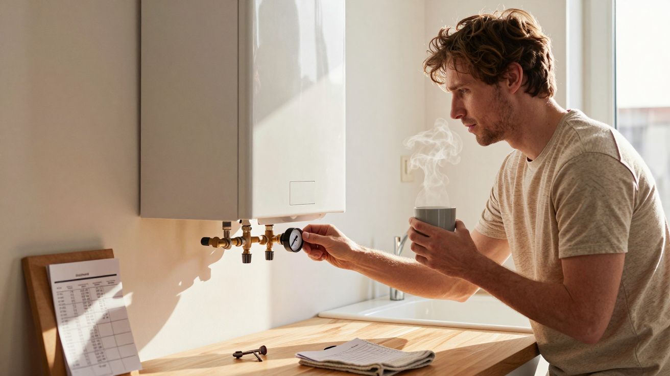 Man adjusting boiler pressure gauge while holding a steaming mug, with sunlight shining through a window.