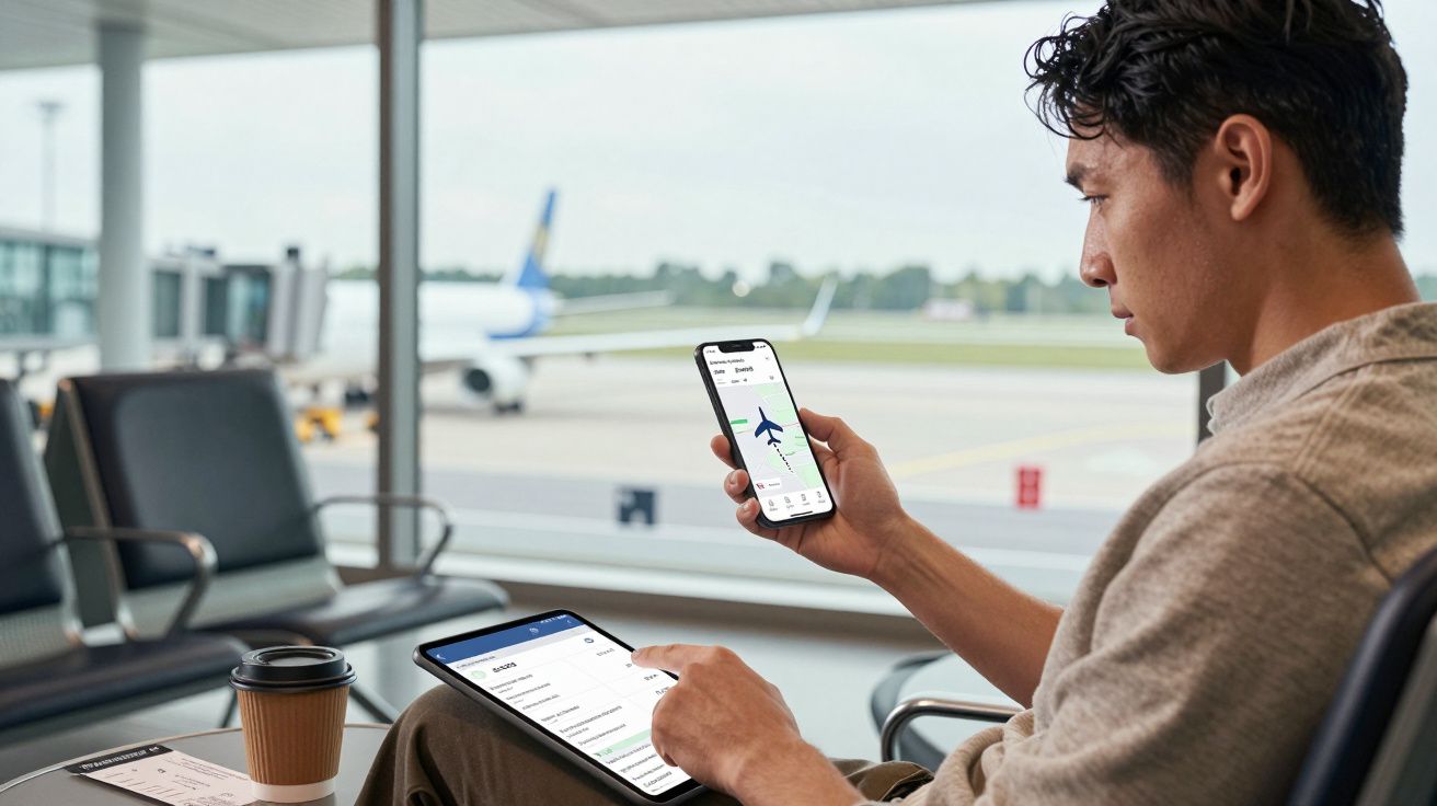 Man seated in airport lounge using a tablet and phone, with a coffee on the table. An aeroplane is visible outside.
