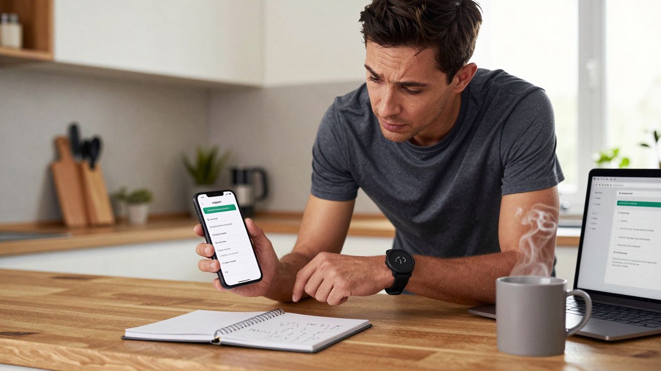 Man in kitchen using smartphone app, pointing at notebook, with laptop and steaming mug on wooden table.