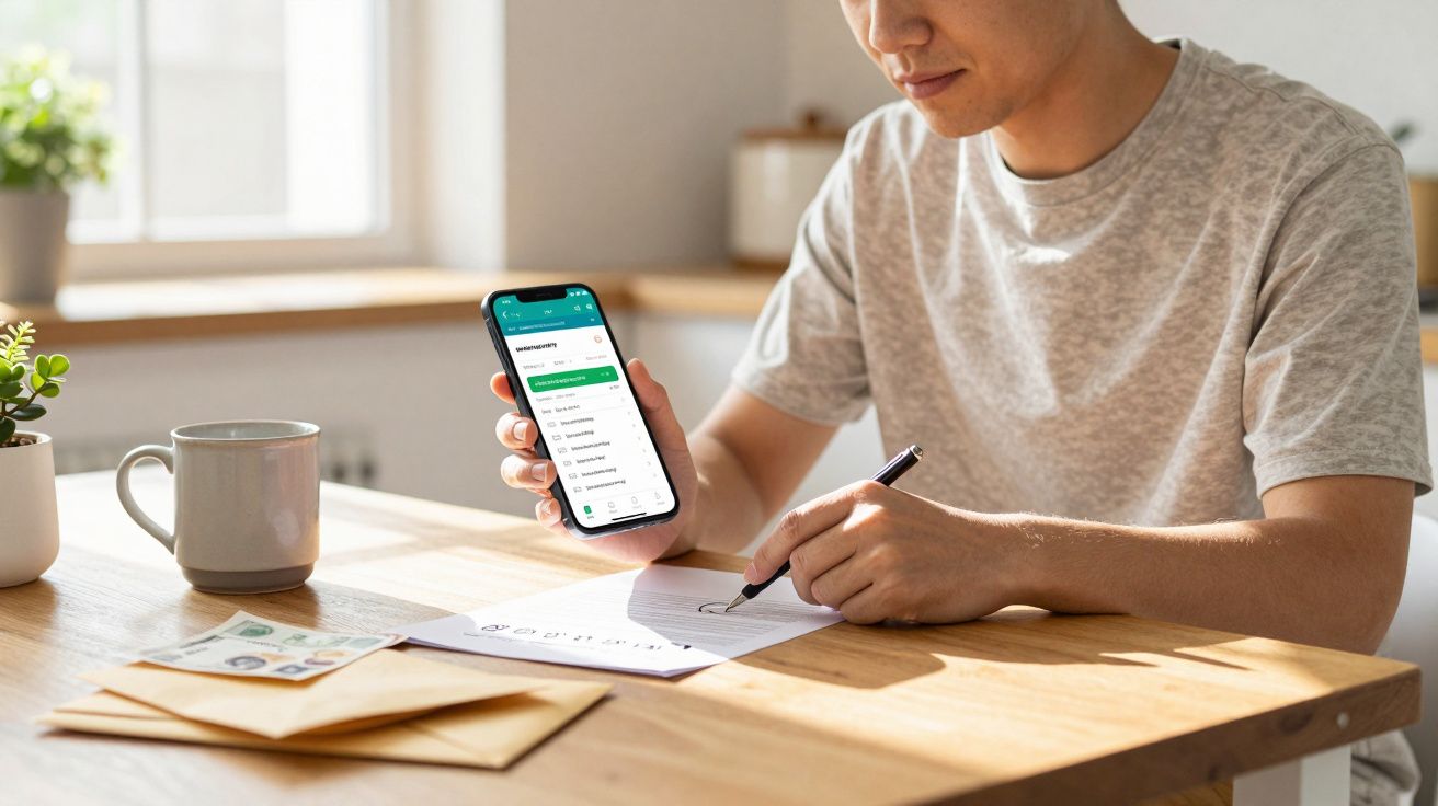 Man writes on paper at a table, holding a smartphone displaying banking app, with a mug and envelopes nearby.