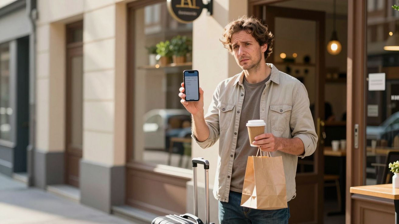 Man outdoors holding phone with boarding pass, coffee, and paper bag, standing with suitcase outside a café.