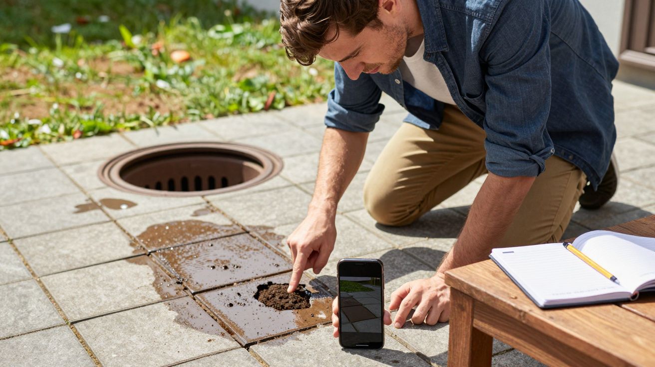 Man kneeling on patio examining soil and water near drain, with a smartphone and notebook on the ground.