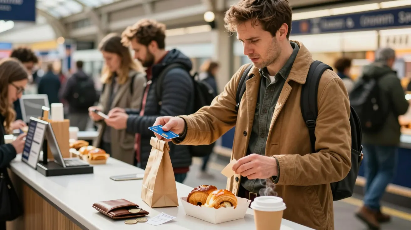 Man scans a croissant at a counter while others queue, holding phones and food.