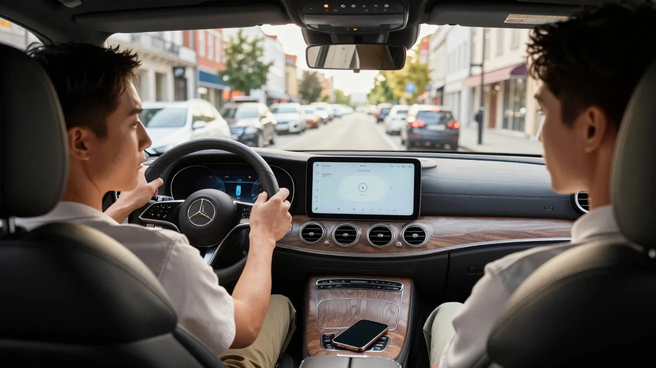 Two people in a Mercedes-Benz car interior, dashboard visible, driving on a city street.