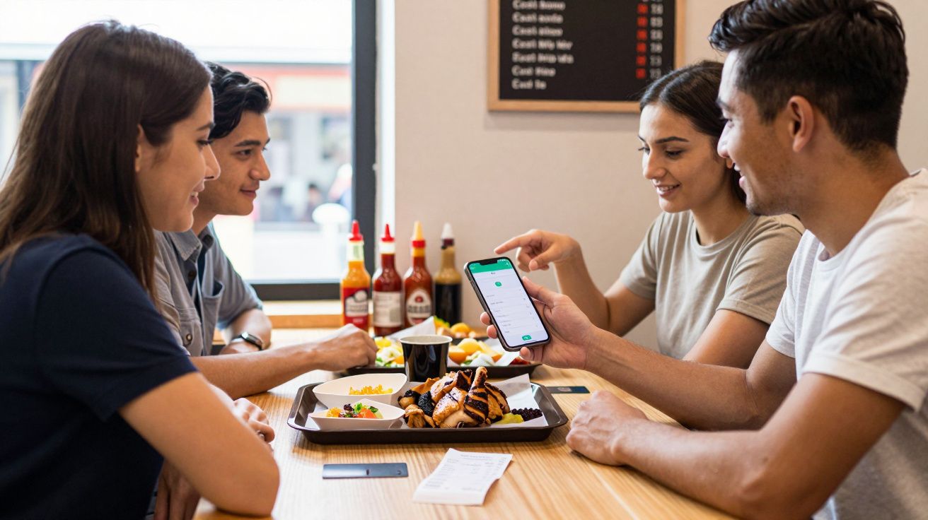 Four friends at a table eating, chatting, and checking a phone, with food and condiments on the table.