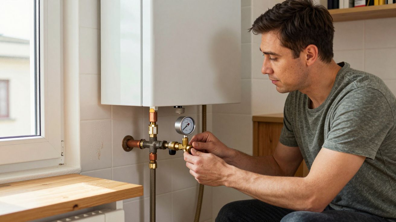 Man in grey shirt adjusting pipes under a boiler in a tiled room.