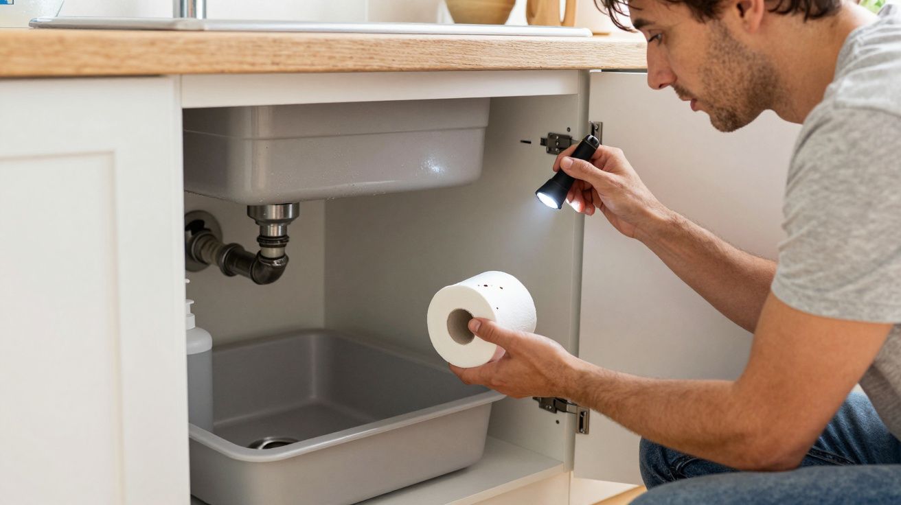 Man inspecting under sink with torch and paper roll in a kitchen cabinet.