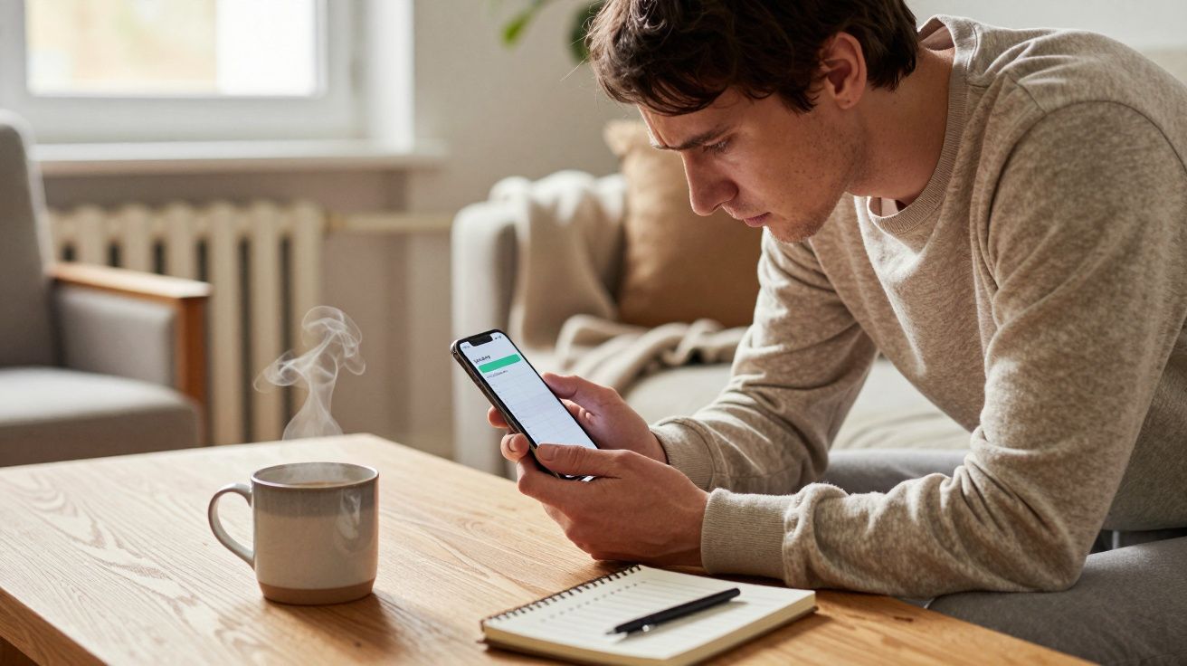 Man in beige jumper looks at smartphone, sitting on a sofa, with a notebook and steaming mug on the wooden table.