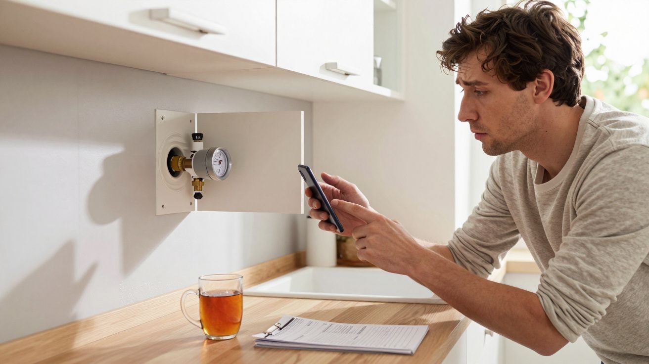 Man checking a gas meter in a kitchen using a smartphone, with tea and a clipboard on the counter.