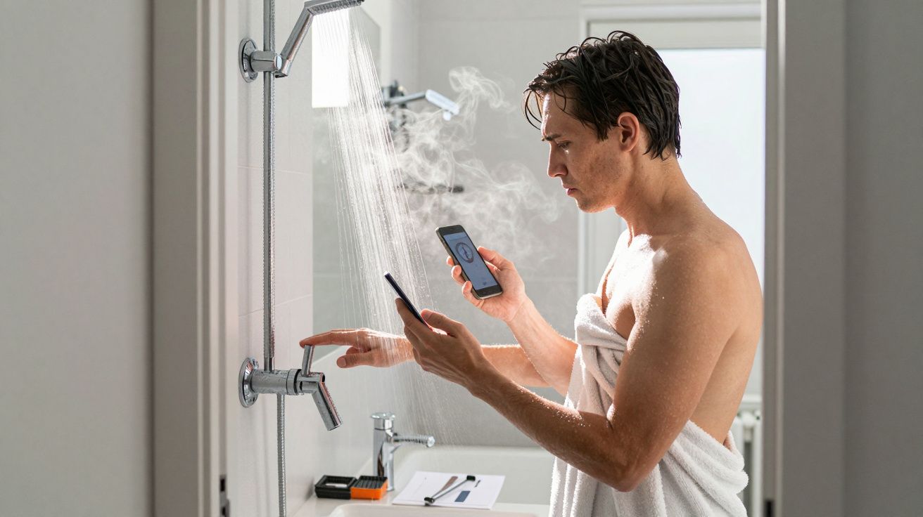 Man in a towel adjusts shower temperature with smartphone in a steamy bathroom.