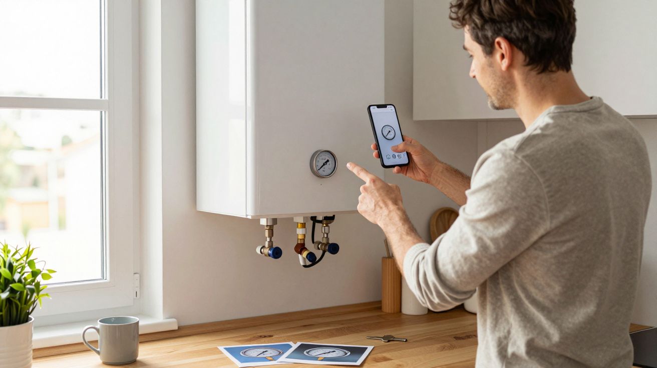 Man adjusting a smart boiler using a smartphone app in a modern kitchen setting.
