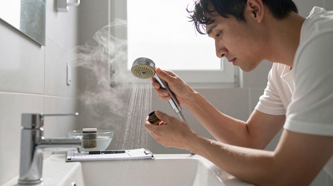 Man using a handheld showerhead to rinse an object in a bright bathroom sink. Steam rises from the water.