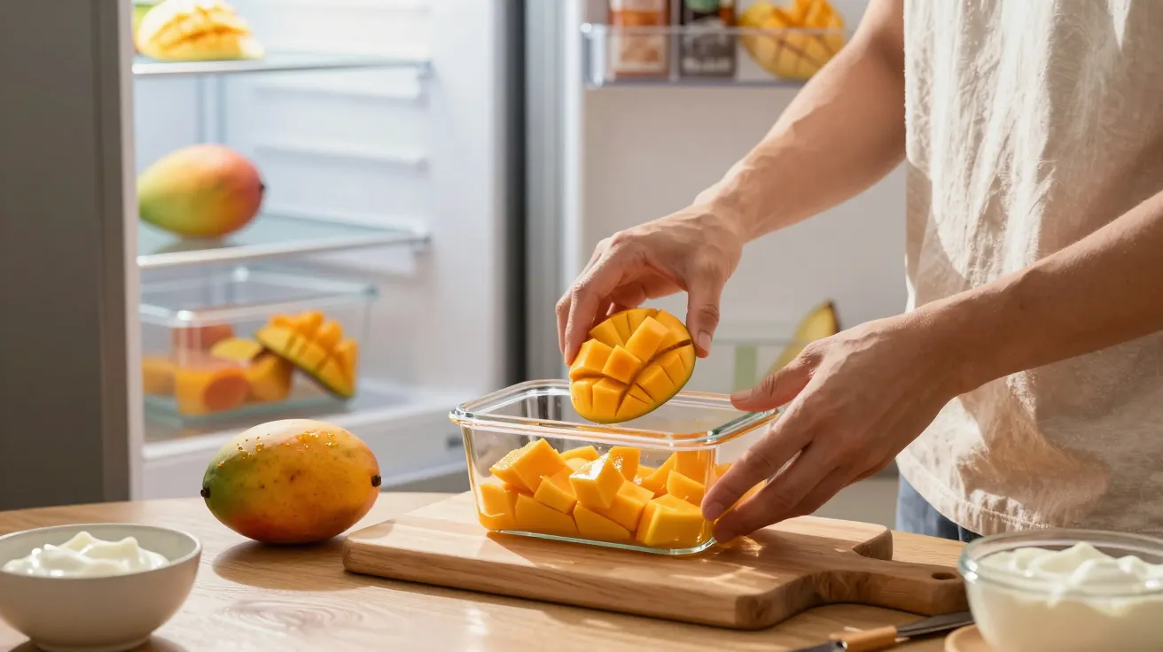 Person preparing diced mango on a cutting board, with yoghurt bowls and open fridge filled with mangoes in the background.