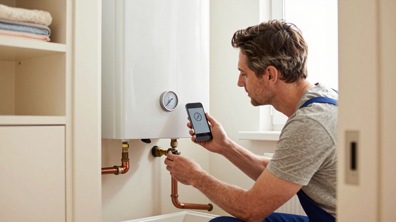 Man adjusting boiler with smartphone, wearing grey shirt and blue dungarees in a bright room.