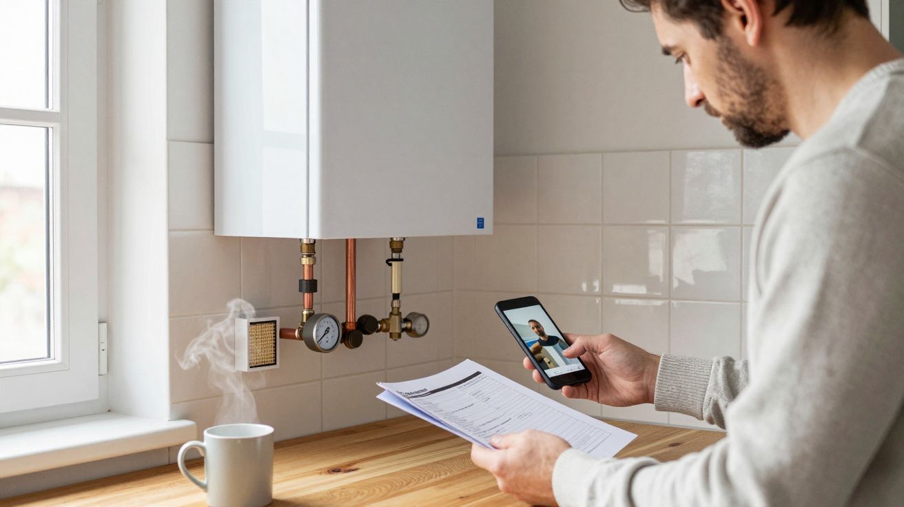 Man photographing a gas boiler while holding documents, next to a steaming mug on a wooden kitchen counter.