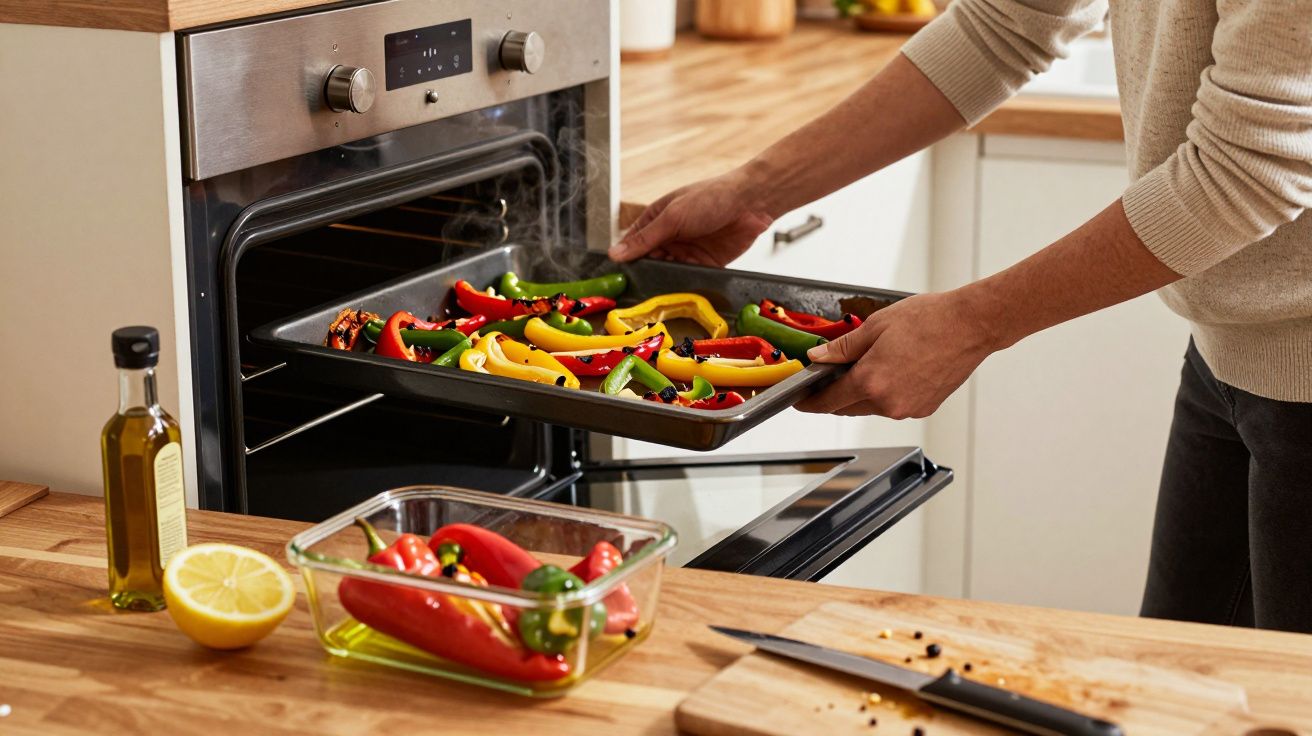 Person placing a tray of colourful sliced peppers into an oven, with olive oil, lemon, and a knife on the counter.