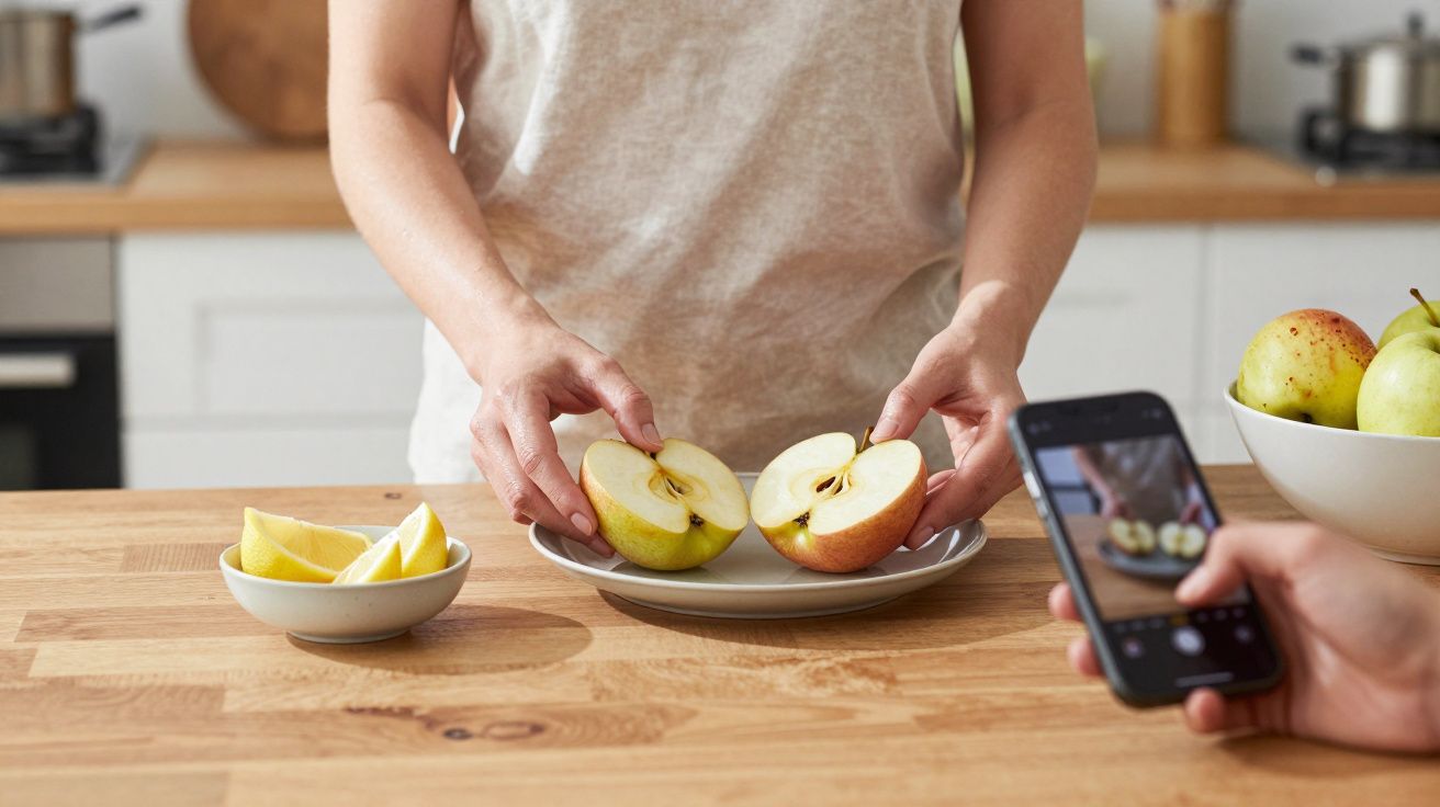 Person arranging apple halves on a plate while another takes a photo in a kitchen.