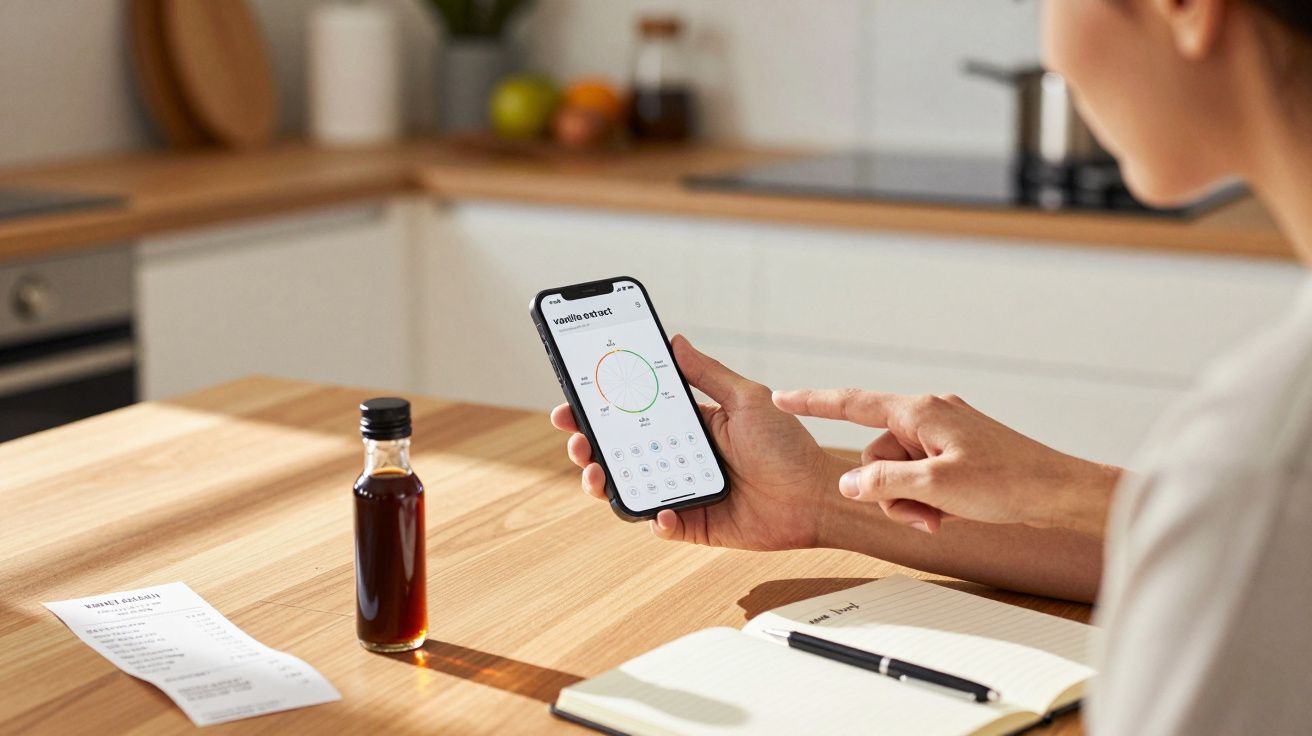 Person in kitchen holding smartphone with health app screen, next to a bottle, receipt, notebook, and pen on the table.
