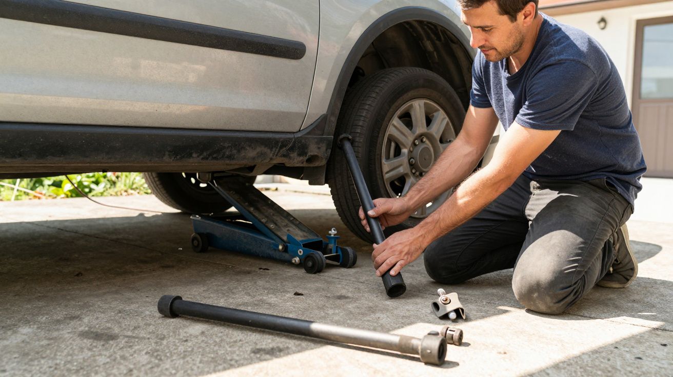 Man kneeling next to a car on a jack, holding a black metal rod, preparing for tyre maintenance.
