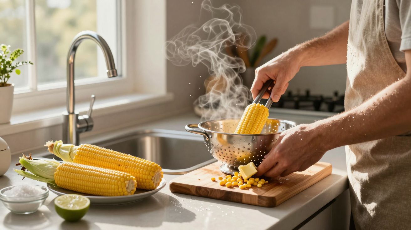 Person preparing corn on the cob in a kitchen, with steam rising from a colander on the worktop.