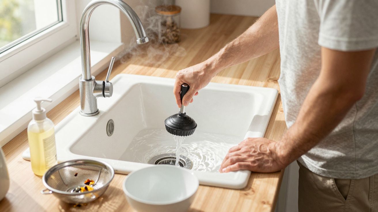 Person using a plunger to unclog a sink, with water running from the tap on a wooden kitchen counter.