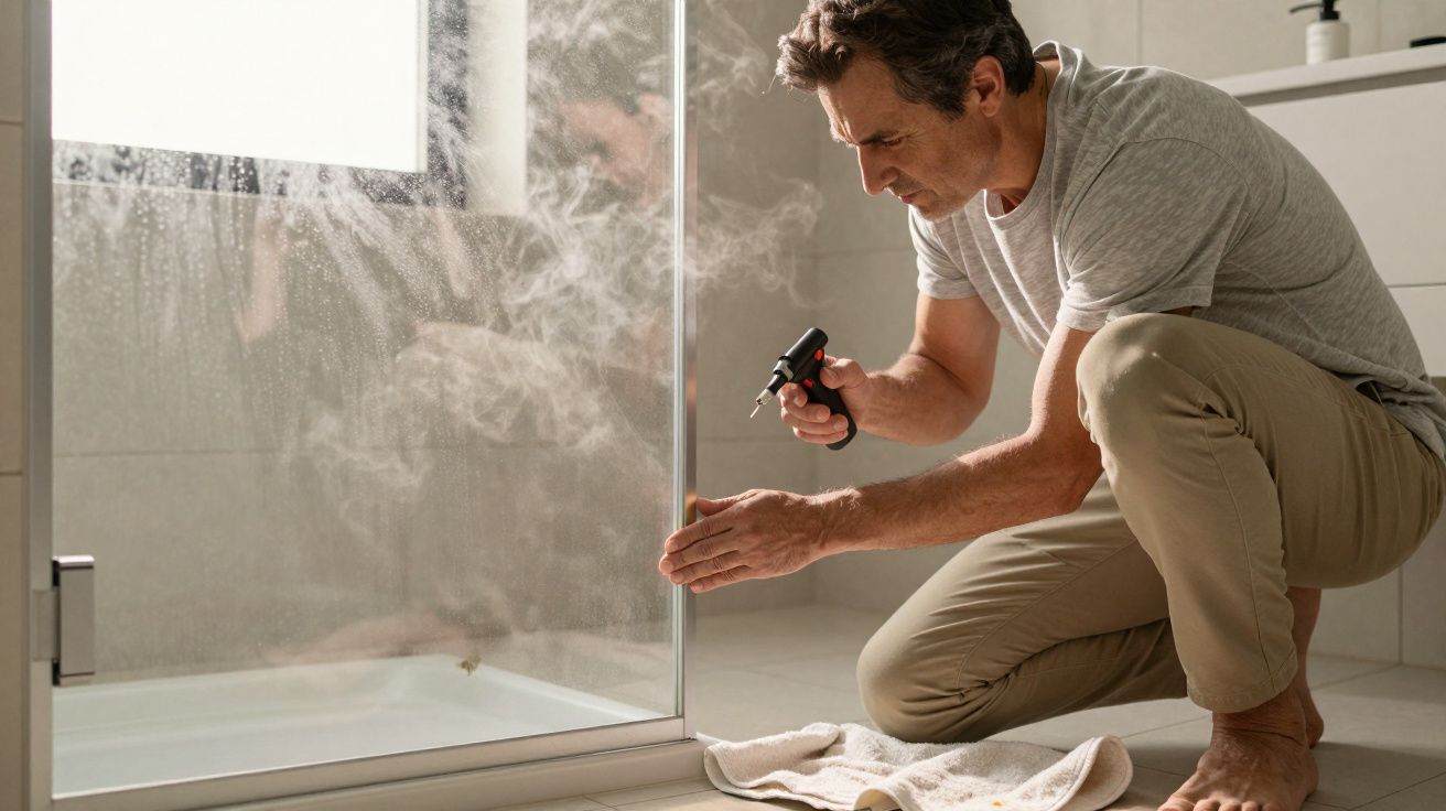 Man kneeling, cleaning glass shower door with spray bottle, towel on bathroom floor, natural light from window.