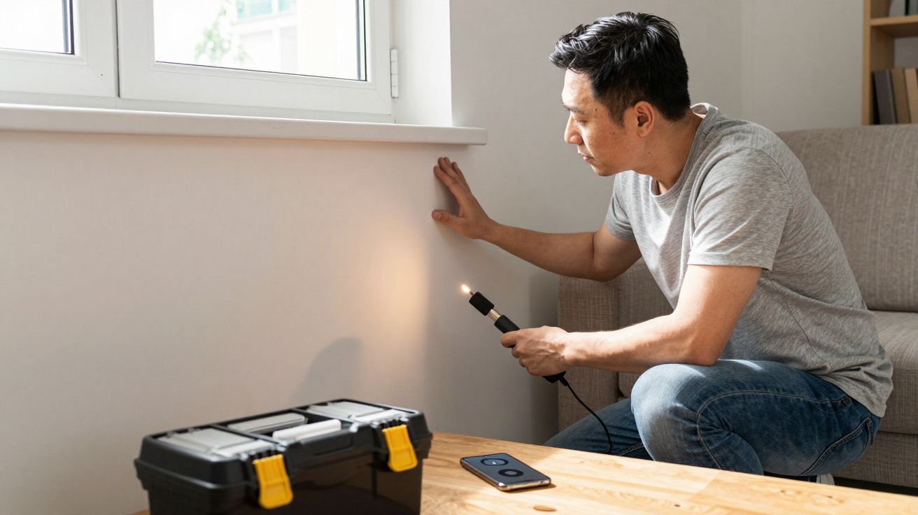 Man inspecting a wall with a flashlight in a living room, tool box on coffee table.