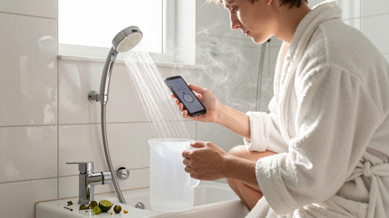 Person in a bathrobe with phone and jug, sitting by a running shower in a steamy bathroom.
