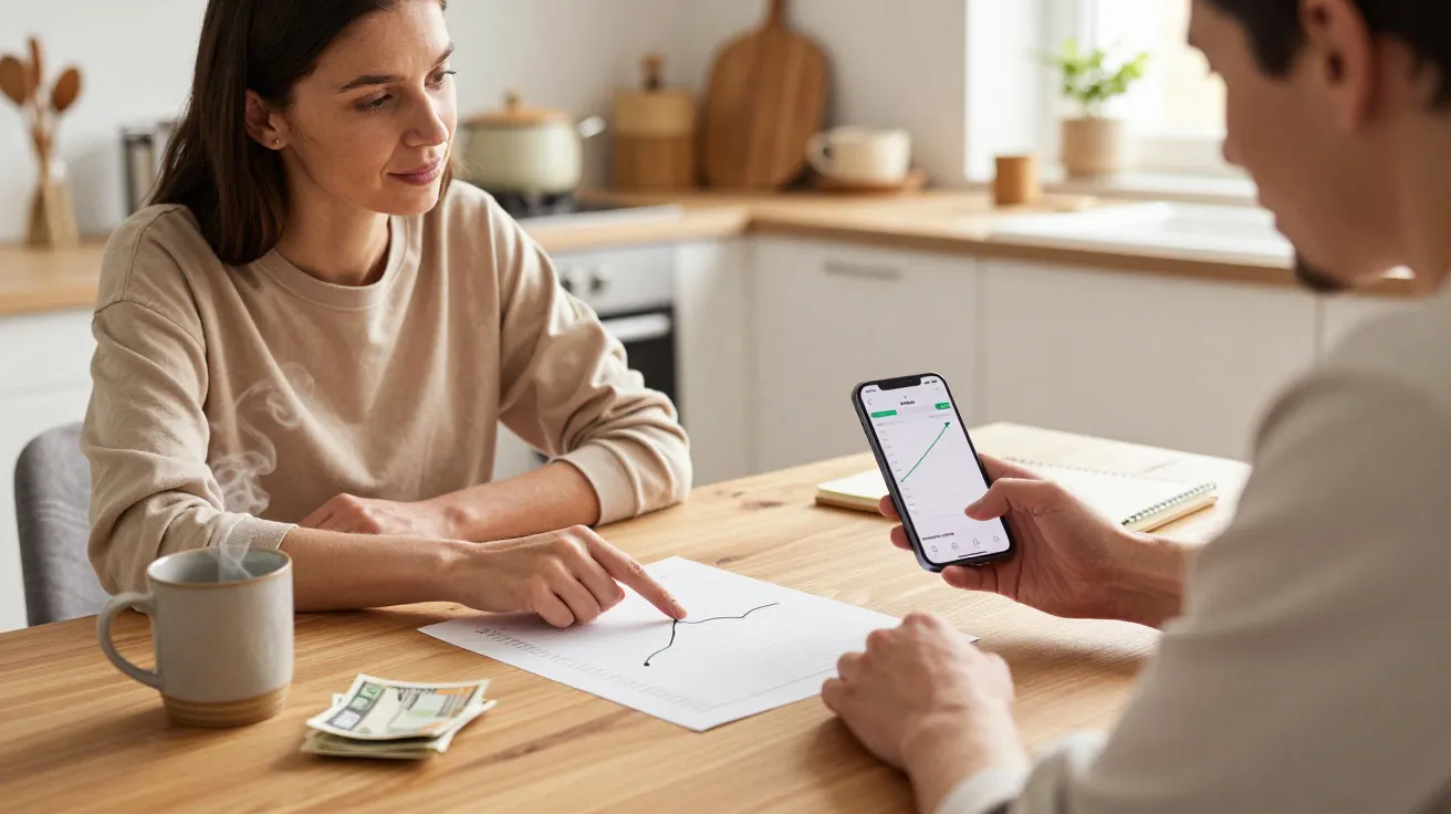 Two people at a kitchen table discussing a financial graph on paper and a phone, with cash and a mug nearby.