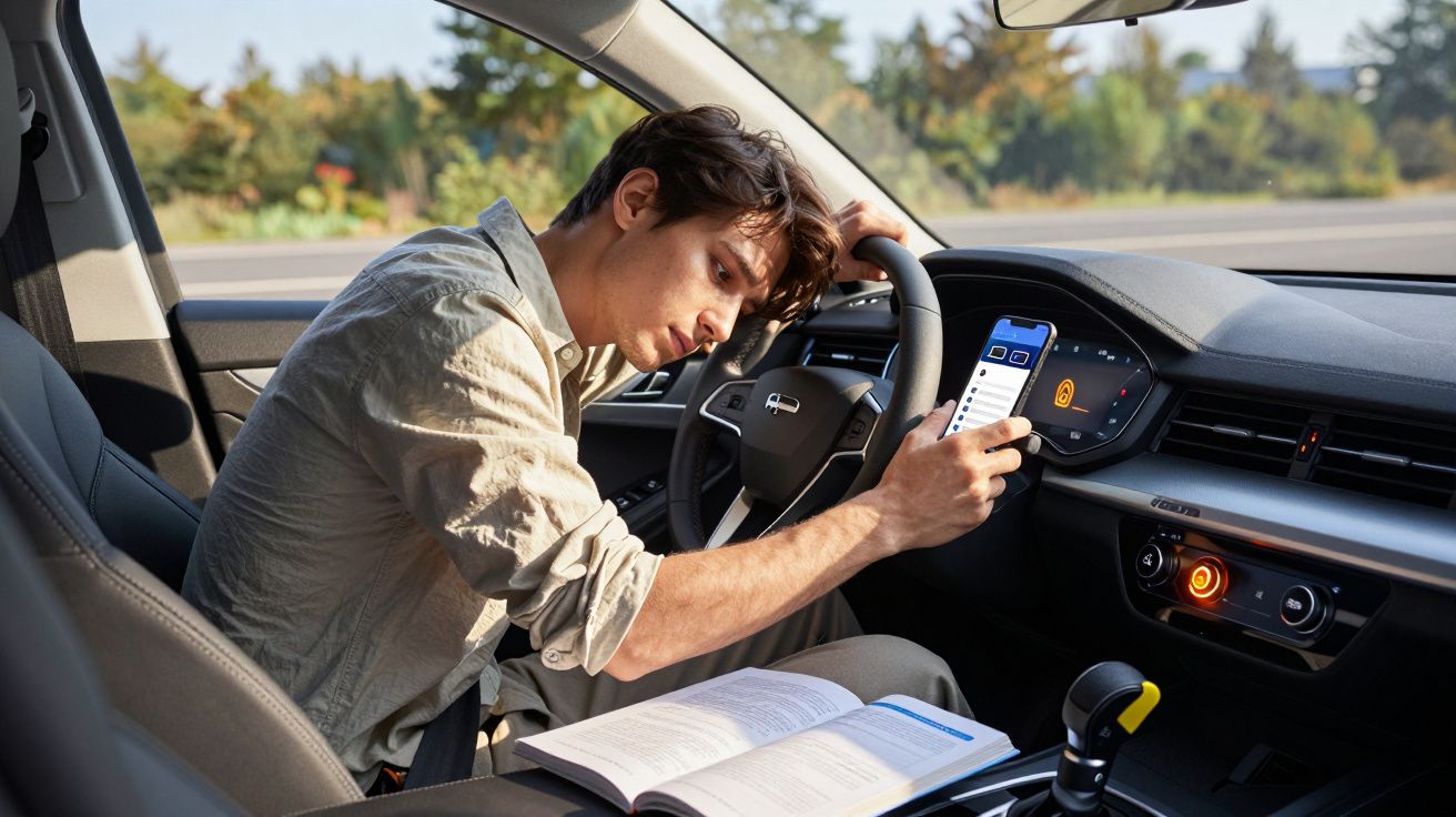 Man sitting in a car, frustrated, holding a smartphone with a manual open on the passenger seat.