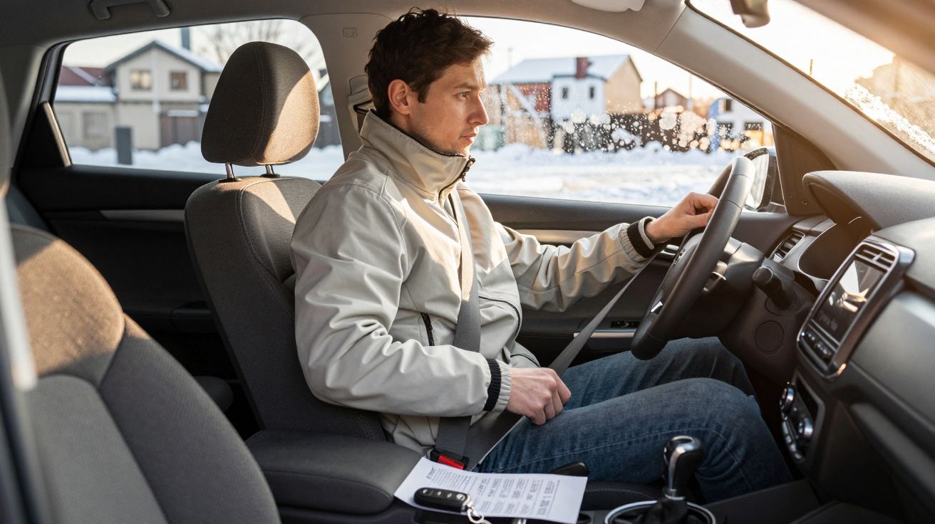 Man in a jacket driving a car in a snowy neighbourhood, sunlight streaming through the window.