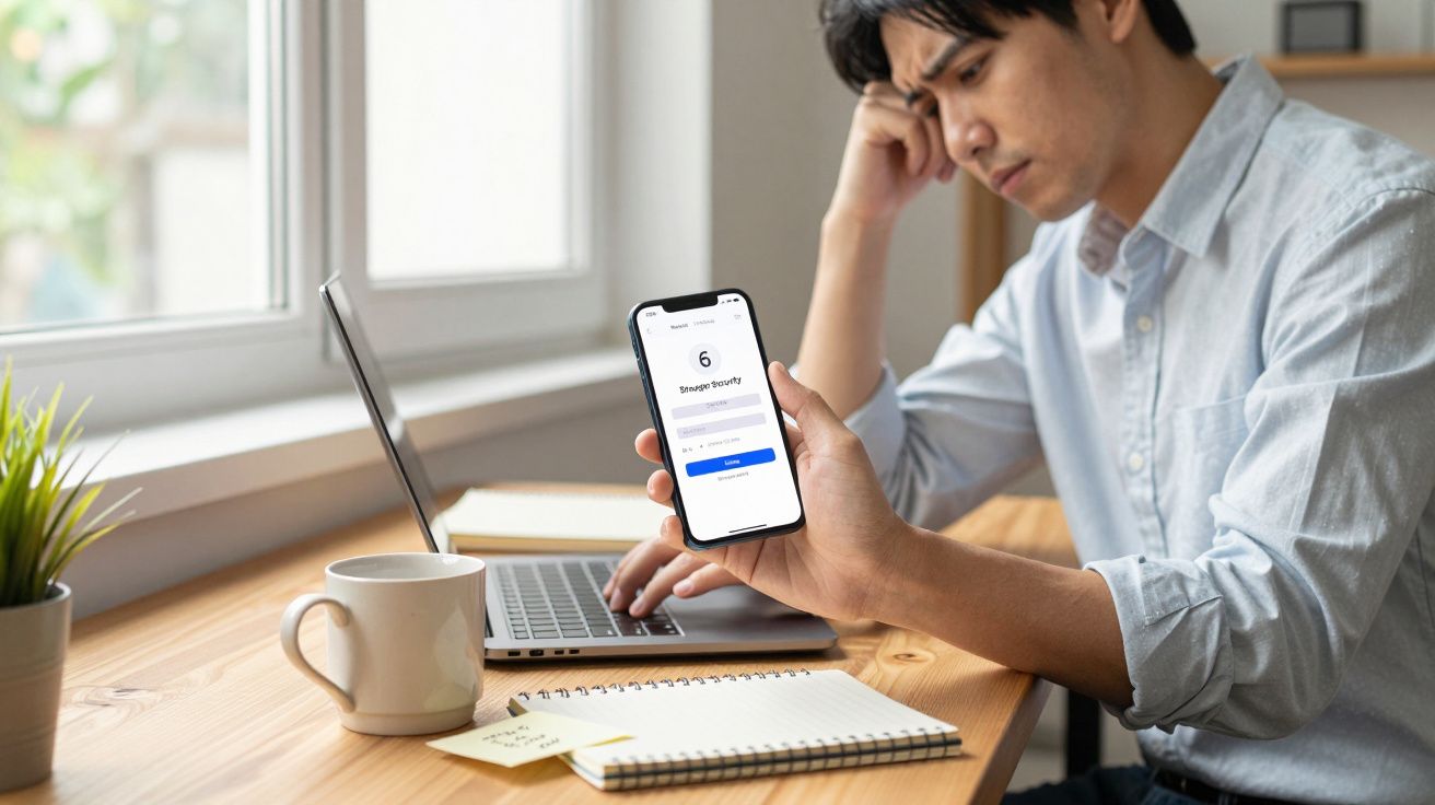 Man at desk checking phone for delivery update, with laptop and coffee mug nearby.