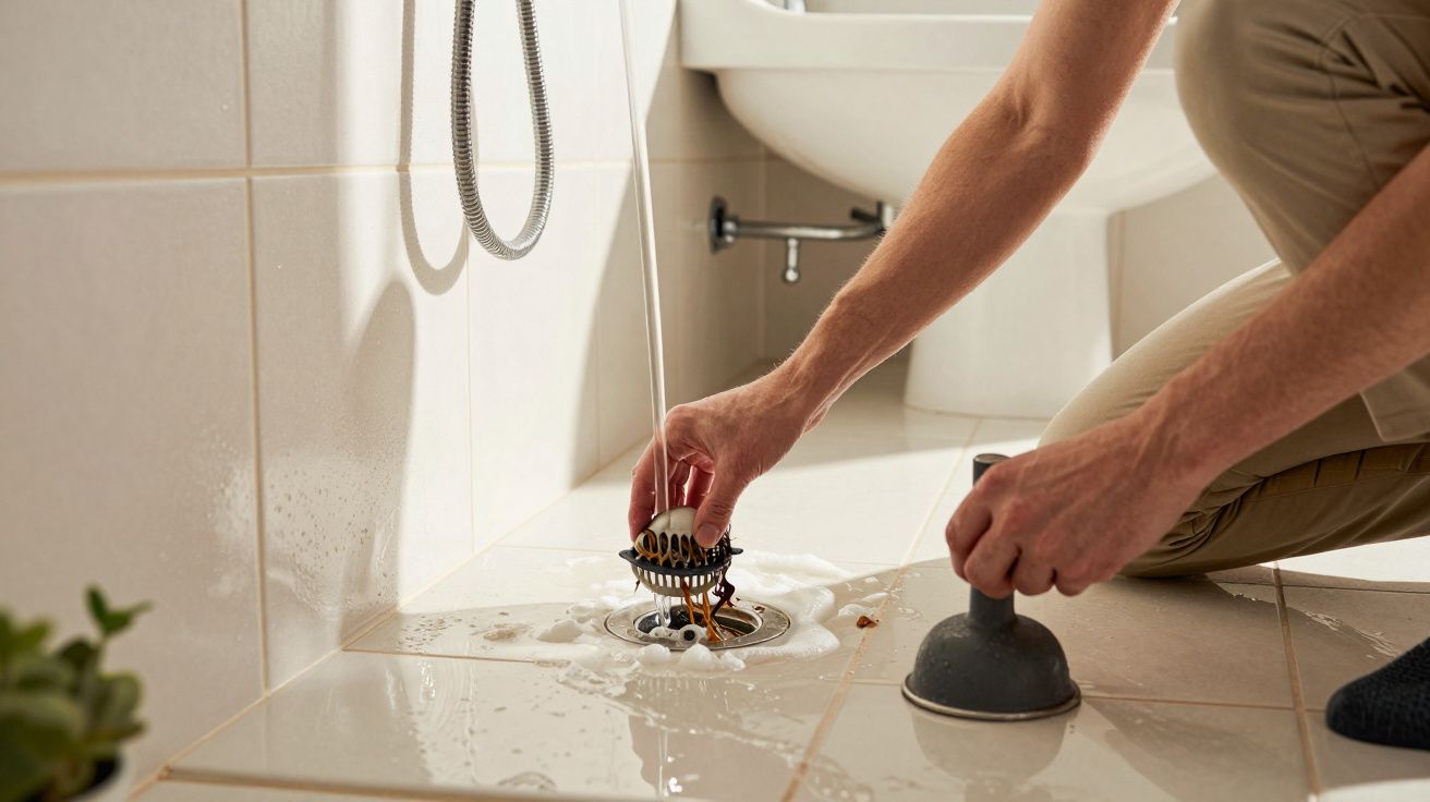 Person unclogging a shower drain with a plunger, surrounded by soapy water, and holding a hair-covered trap.