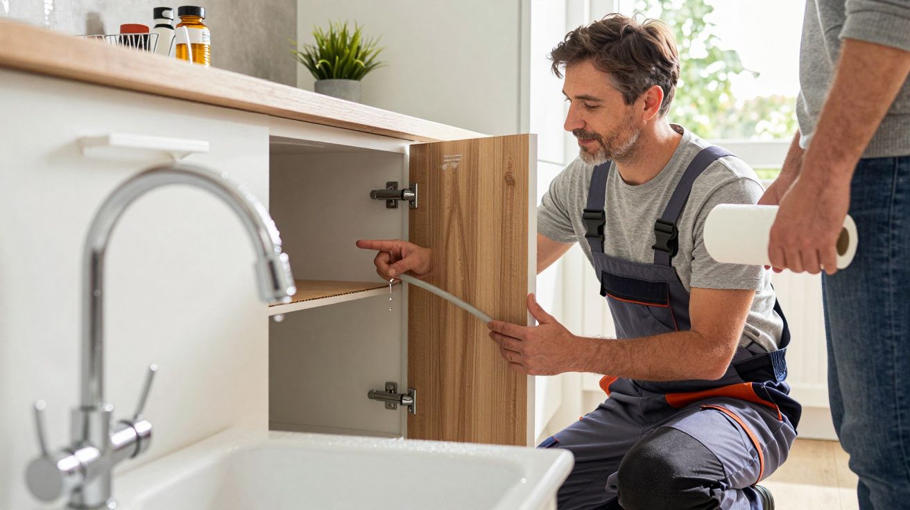 Man in overalls kneeling, installing or inspecting under-sink plumbing, while someone stands nearby holding a paper towel rol