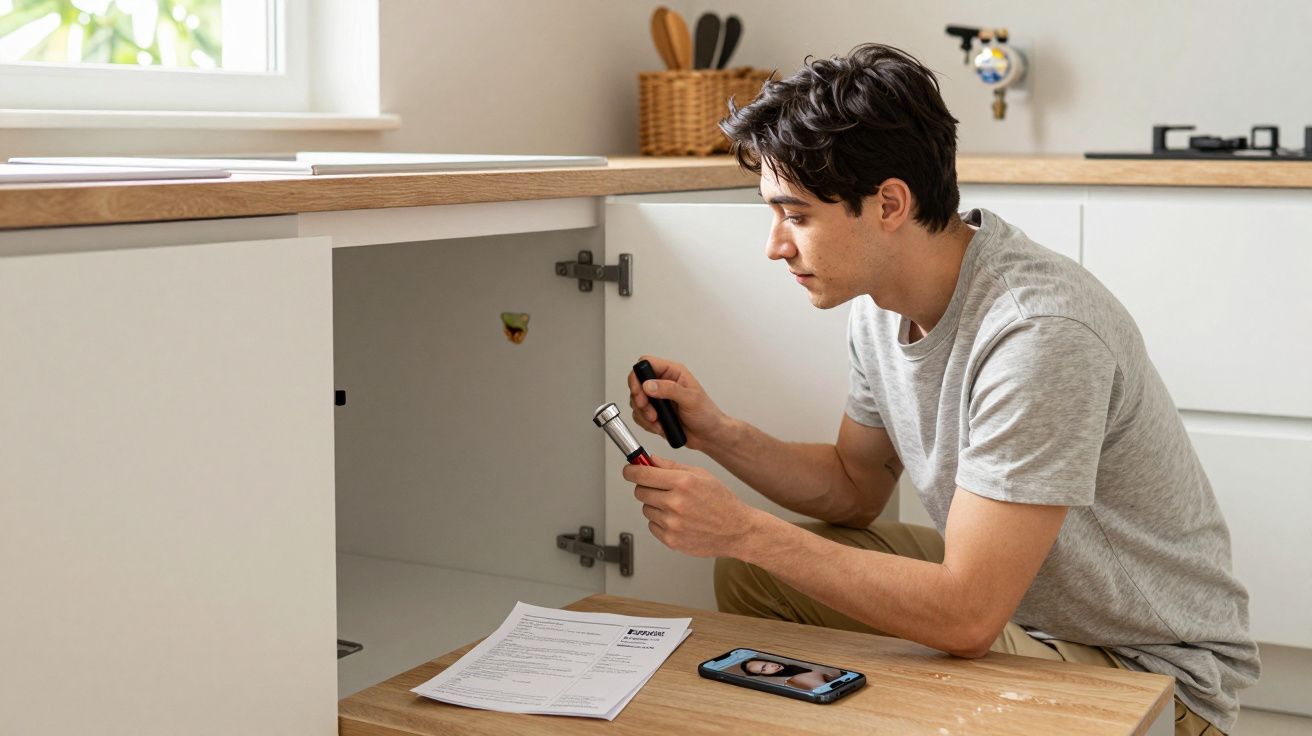 Young man checking under kitchen sink with torch, phone on video call, instruction paper on counter.