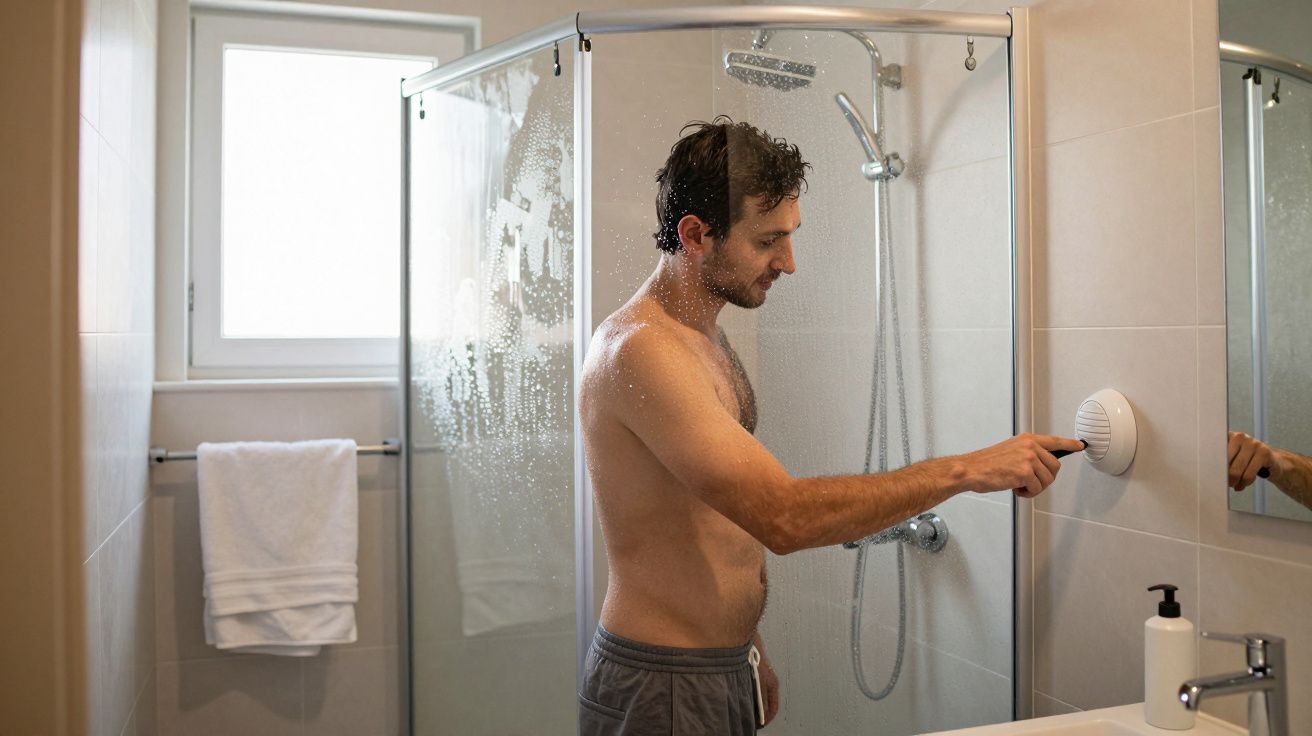 Man adjusting shower timer in a modern bathroom.
