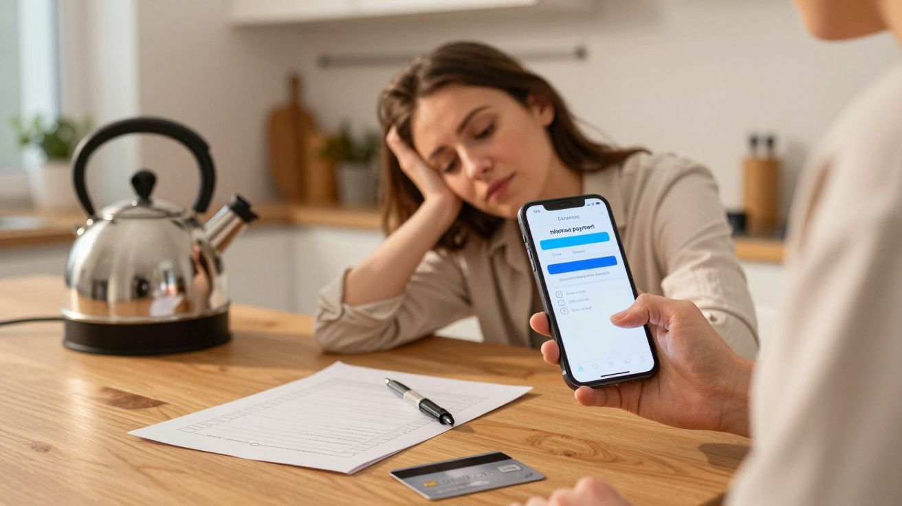 Woman looks tired at table with smartphone, paper, pen, and credit card, kettle in background.
