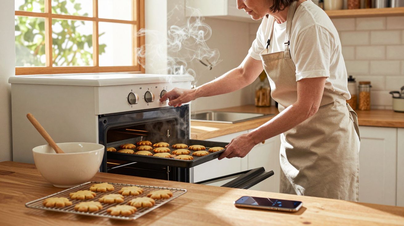 A woman in an apron removes steaming cookies from an oven onto a wooden countertop in a bright kitchen.