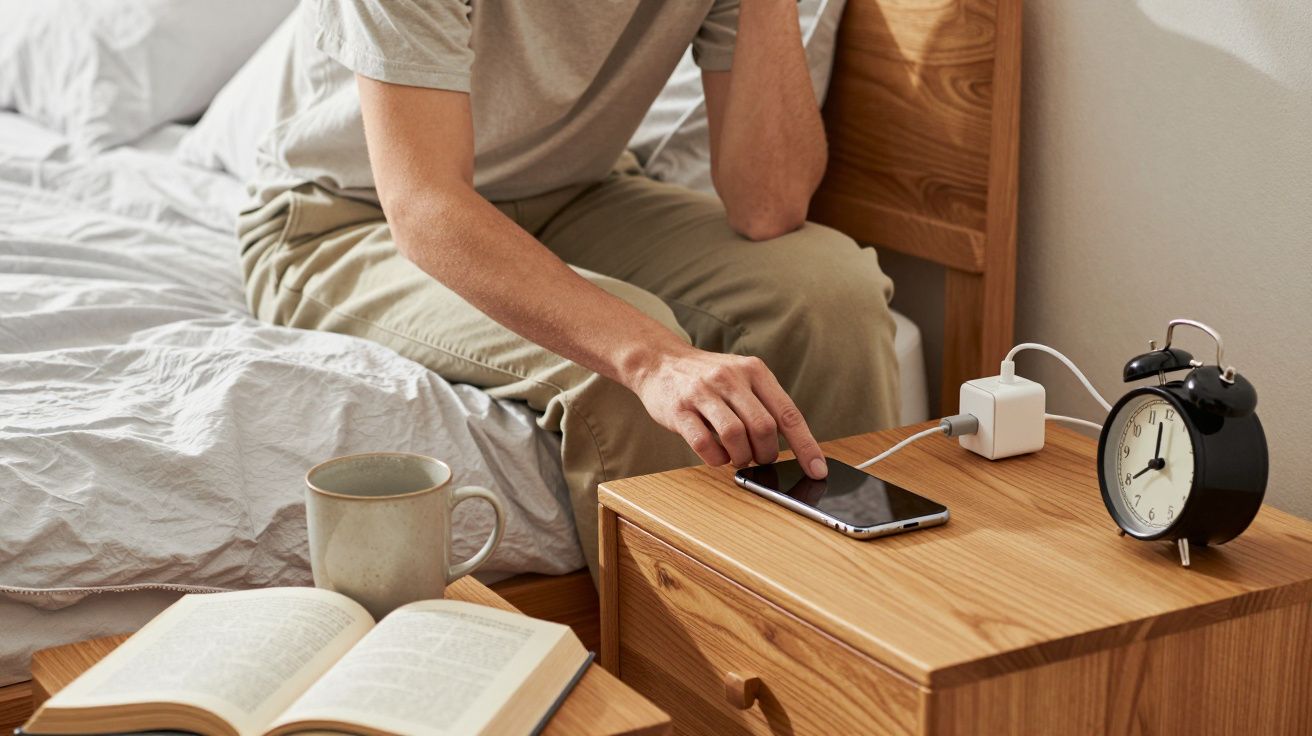 Person at bedside table, touching a phone, with a clock, book, and mug nearby.