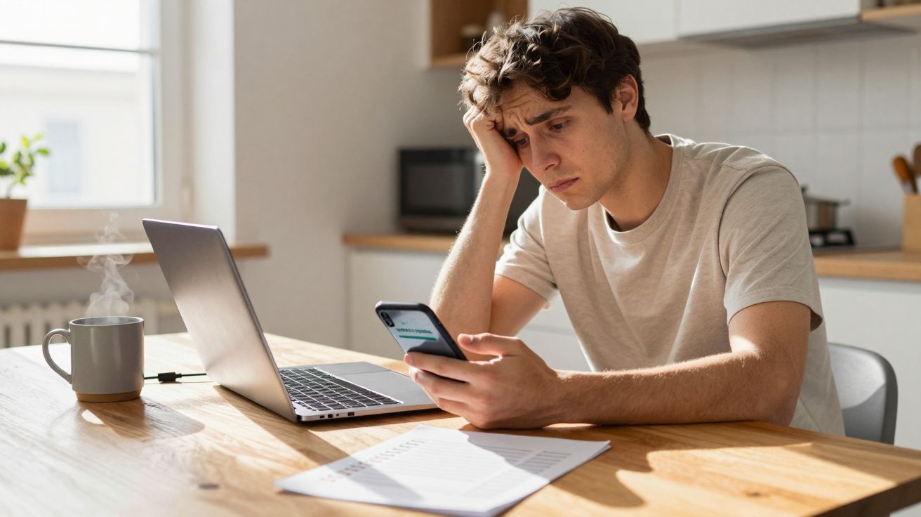 A worried person looking at a phone, with a laptop and papers on a kitchen table.