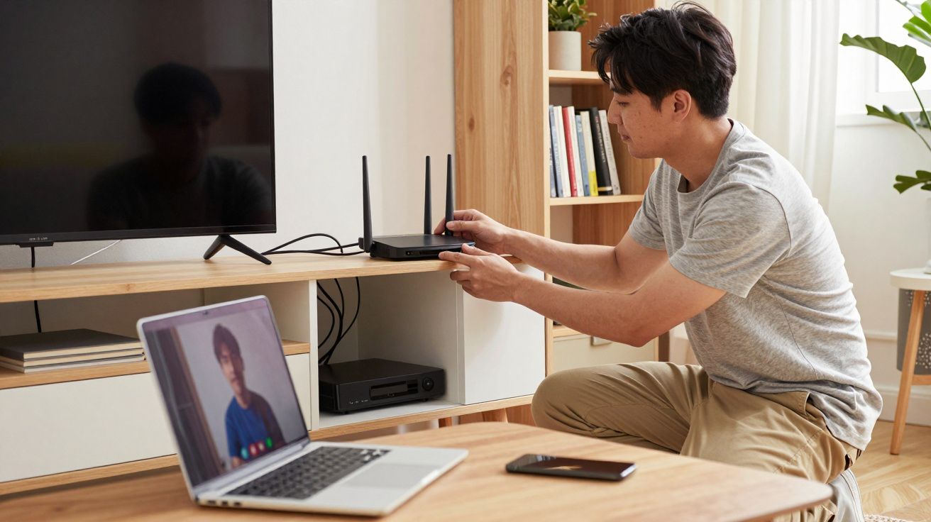Man setting up a Wi-Fi router while kneeling near a television, with a laptop open showing a video call.