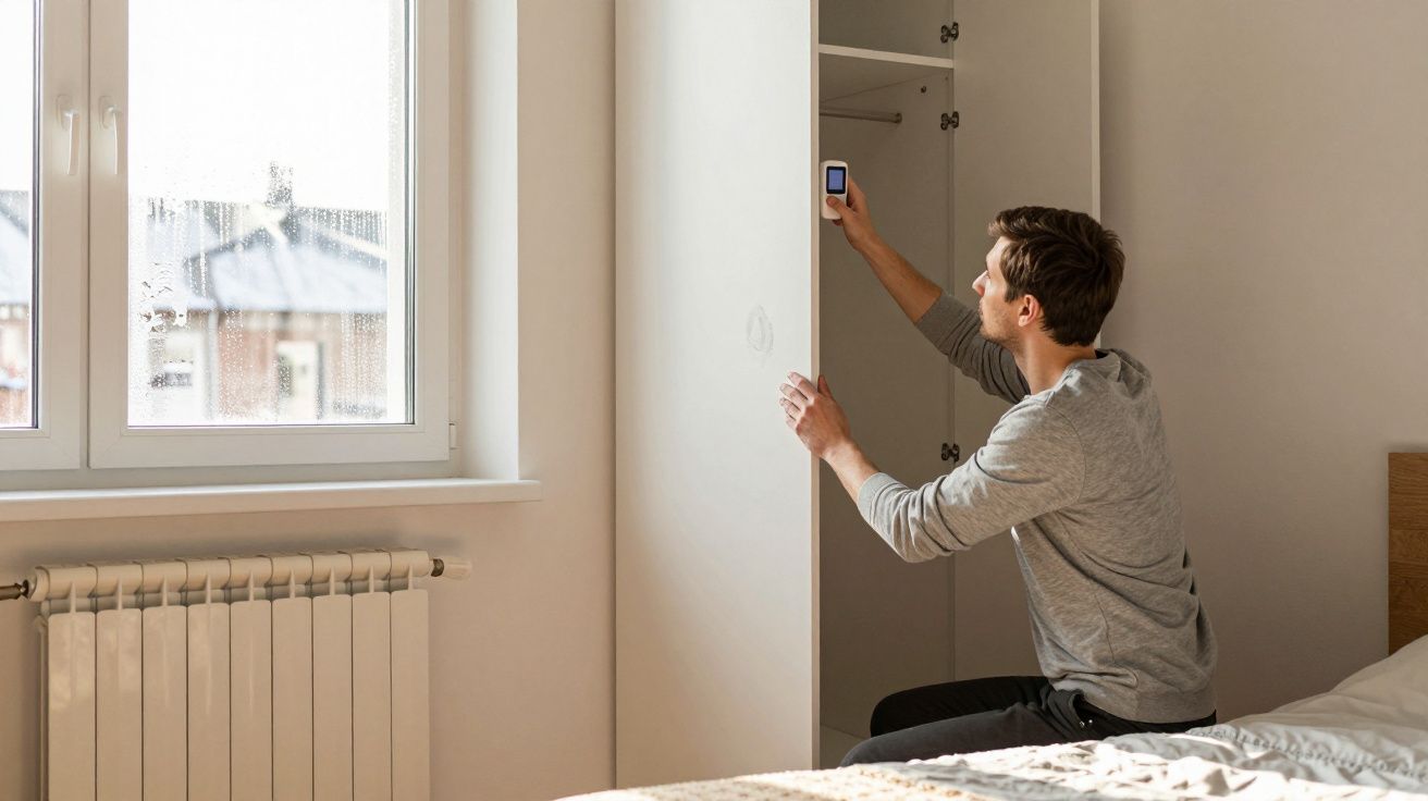 Man measuring a wardrobe interior with a tape, near a window in a bright bedroom.